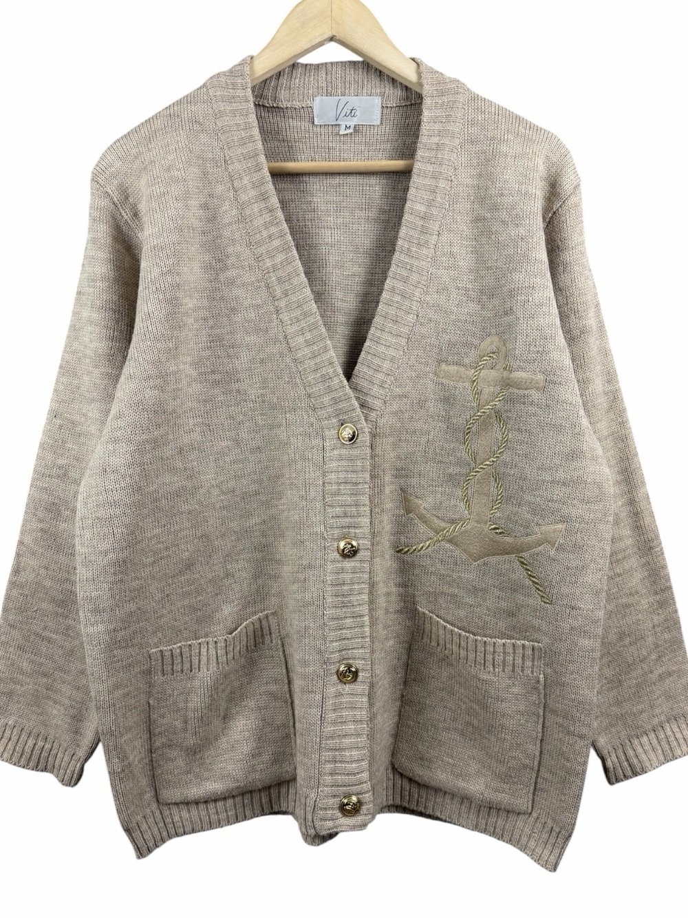 Viti Anchor Oversized Knit Cardigan Vintage Sweater in Oatmeal Size Medium